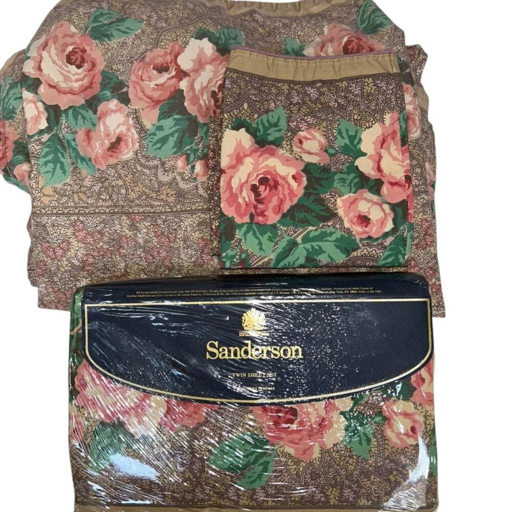 Sanderson NEW pkg vintage shabby chic cabbage rose pink brown TWIN sheet set